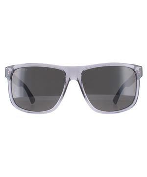 Gucci Rectangle Mens Transparent Grey and Black Grey Polarized GG0010S  Sunglasses are a sophisticated lightweight D-frame model with bi-chromatic styling. The frame is an easy to wear shape that suits the majority of face shapes and is completed by Gucci's distinctive red and green brand logo.