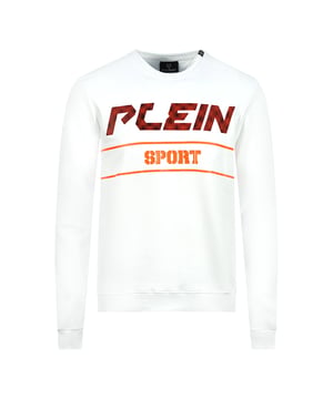 Philipp Plein Sport oranje vet logo witte trui. Philipp Plein Sport witte trui. 51% katoen 49% polyester, lange mouwen, ronde hals. Grote Plein-branding op de voorkant. Badges met Plein-merk, elastische taille en mouwuiteinden. Stijlcode: FIPS211 01