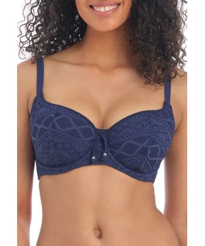 Freya Sundance Sweetheart Bikini Top. With light padding, crochet overlay and adjustable straps. This product is recommended as hand wash only.
