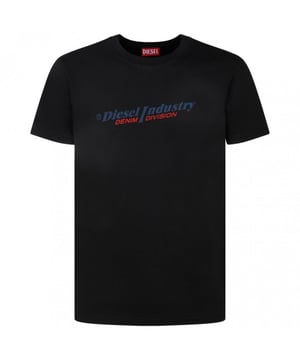 Zwart T-shirt met korte mouwen, Diesel Industry merklogo, T-shirt met ronde hals, normale pasvorm, maat valt normaal, 100% katoen, fantoomzwart