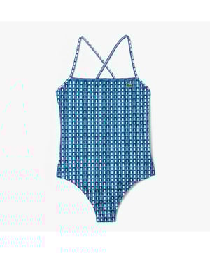 Womens Lacoste Robert George Print One-Piece Swimsuit This vintage-style one-piece is simply iconic. Featuring a graphic print based on drawings by Robert George  the creator of the historic Lacoste logo. A bold  lightweight  stretchy piece for croc fans.- Recycled polyester made from manufacturing offcuts- Narrow straps - Recycled polyester lining - Embroidered crocodile on chest  - Main fabric: Polyester (75%)  Elastane (25%) - Lining: Polyamide (73%)  Elastane (27%).  Machine washable.- Ref: MF7264-IS8Please note that returns will only be accepted if the hygiene label is still attached to the product