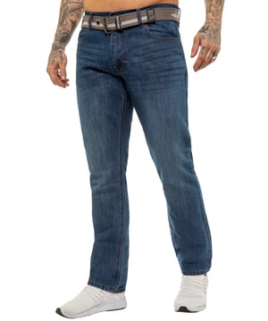 Enzo Regular Fit-jeans voor heren. Inclusief gratis riem (riemkleur kan variëren). 5 zakken inclusief de muntzak. Merkknopen en klinknagels. Midrise ritssluiting met ritssluiting. (EZ399)