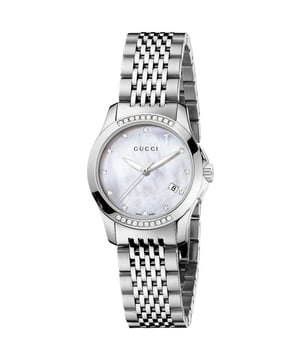 Model: YA126510EAN: 0731903316461Movement: QuartzBracelet color: SilverWaterproofing: 50M (5ATM)Dial color: WhiteBracelet material: Stainless steelDate: YesDial diameter: 27mmDial thickness: 7mmGender: WomenDisplay: AnalogStyle: ClassicCollection: Gucci Timeless
