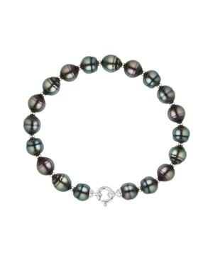 Armband aus echten TAHITI-Zuchtperlen, eingekreist 9–10 mm – Regenbogen – abwechselnd mit kleinen Goldringen und Karabinerverschluss aus PRESTIGE-Weißgold 375 – Länge 18 cm – Lieferung mit Echtheitszertifikat und internationaler Garantie – HERGESTELLT IN FRANKREICH