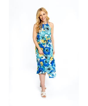 ¡Girasoles llamativos en azul y amarillo, qué más se puede pedir! Tia tiene un detalle de cuello halter y está hecha de una tela ligera y suave.

95% Poliéster, 5% Elastano