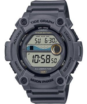 This Casio Casio Collection Digital Watch for Men is the perfect timepiece to wear or to gift. It's Grey 48 mm Round case combined with the comfortable Grey Plastic watch band will ensure you enjoy this stunning timepiece without any compromise. Operated by a high quality Quartz movement and water resistant to 10 bars, your watch will keep ticking. This casual and modern watch is perfect for all kind of casual activities, indoor activities or daily use, it's also a great gift for family and friend.  -The watch has a calendar function: Day-Date, Stop Watch, Tide, Dual Time, Countdown, Alarm High quality 21 cm length and 24 mm width Grey Plastic strap with a Buckle Case diameter: 48 mm,case thickness: 13 mm, case colour: Grey and dial colour: LCD