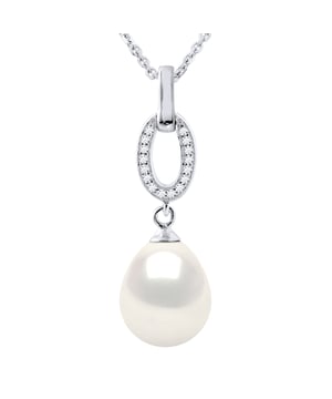 Collar - Perla de perla de agua dulce de 8-9 mm - Set de anillo de circonio cúbico - Convicto de ropa de punto - 925 milésimas de rodio - Longitud: 42 cm - Entregado en un caso con un certificado de autenticidad y una garantía internacional - Todas nuestras joyas están hechas en Francia.