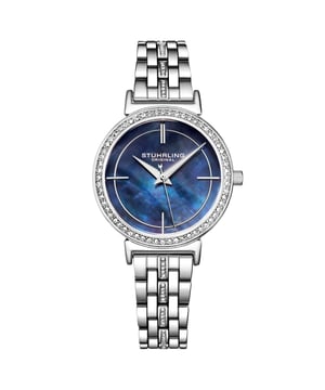 Ladies Quartz Silver Case, Silver Crystal Studded Bezel, Blue MOP Dial, Silver Hands and Markers, Silver Link Bracelet with Crystals Watch