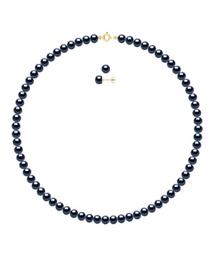 Set being composed of : Necklace of Real Cultured Freshwater Pearls Semi Round 6-7 mm with Spring Ring Clasp Ergonomic - Length 45 cm - and Ear Studs Cultured Freshwater Pearls Button 6-7 mm- Butterfly Clasp - COLOR BLACK TAHITI - Yellow Gold - Delivered with Certificate of Authenticity and International Guarantee -MADE IN FRANCE