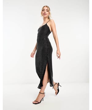 Dresses by Miss Selfridge Coming soon to your IG feed All-over diamante embellishment Square neck Adjustable straps Side split Slim fitSold By: Asos