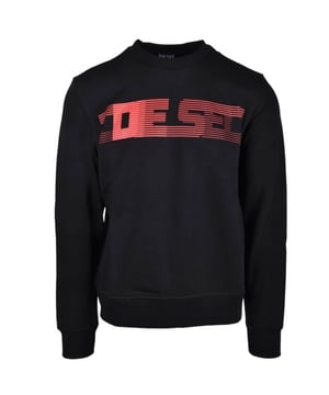Diesel merklogo zwarte trui, 60% katoen, 40% polyester, afbeelding op de borst, ronde hals, lange mouwen, merklogo, elastische hals, mouwuiteinden en onderkant