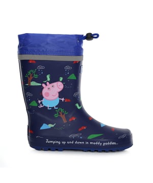 Get them rainy day ready with Regatta and Peppa Pig. These super cute waterproof wellies are made from supple rubber with a drawcord gaiter to make sure their legs and feet stay nice and dry. The kids' wellies come with a cushioned footbed and a super grippy sole. Made for puddle jumping, muddy adventures and rainy days at nursery. Material: 90% Rubber, 10% Polyester. Ref: RKF713Z8B.