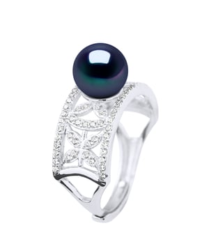 Ring Jewelry - Real Cultured Freshwater Pearl Round 8-9 mm - Jewelry Paving Cubic Zirconia Silver 925 Rhodium plated - COLOR "BLACK TAHITIAN STYLE" - Size adjustable from Size 48 to Size 62 - Delivered in box and with its Certificate of Authenticity and International Guarantee - MADE IN FRANCE