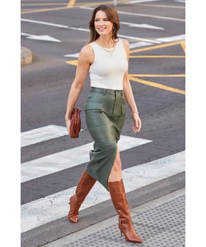 Score instant style points
Crafted from butter-soft leather for ultimate luxury
Trending utility patch pockets
Sexy split front pencil style
Sits high on the waist for add a flattering - add a belt for extra cinch
Go chic with knee-highs, smart-casual with trainers
