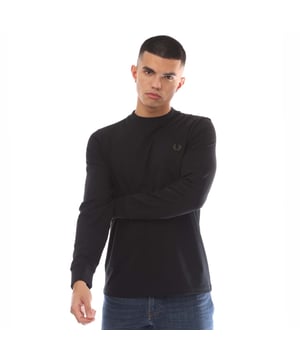 Camiseta negra Fred Perry, 100% algodón, camiseta negra, logotipo de la marca en el lado izquierdo del pecho, manga larga. Cuello redondo, logotipo de caja en la espalda, camiseta negra