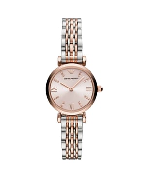 Sku: AR11223Case Size: 28 mmMovement: Quartz Two-HandStrap Material: Stainless SteelStrap Colour: Two ToneCase Water Resistance: 3 ATMCase Material: Stainless SteelCase Colour: Rose GoldDial Colour: PinkStrap Width: 12 mmClosure: Bracelet Butterfly DeployantStrap Inner Circumference: 175 +/- 5 mmCrystal Type: MineralBattery Type: SR616SW