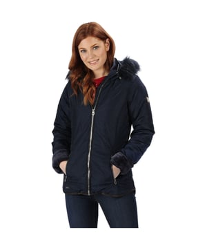 100% polyester water repellent high shine fabric. Thermo-Guard insulation. Polyester taffeta lined. Internal security pocket. Grown on hood with adjuster and removable faux fur trim. Leatherette trim detail. Turn up cuffs with luxury fur trim. 2 zipped lower warm lined pockets.
