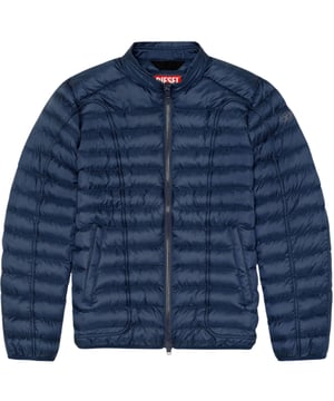 Dieselblaue Jacke, zentraler Reissverschluss, Vordertaschen, schlichter blauer Mantel, Material: 100 % Polyester, blauer Mantel