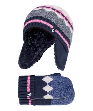 Say goodbye to cold Winter days with these nordic patterned hats and mittens for girls. Whether you're daughter is making snow angels or enjoying a walk in the snow, these hat and mittens are guaranteed to keep their little heads and hands warm! This range of girls hats and mittens features Heatweaver insulation which is a plush fur-like lining that maximises the amount of warm air held close to the skin, keeping your kids heads, ears and hands warmer for longer! Heat Holders are recognised for their incredibly warm use of materials especially, their developed thermal yarn which provides high performance insulation against cold with superior moisture breathing abilities. Crafted with stretchable construction, these hats and mittens contours around the natural shape of your child's head and hands for a better, improved fit. With hi-tech HeatWeaver® thermal lining to keep kids warm even in the very coldest conditions, this range of hats and mittens are warm, comfortable, and stylish! For the perfect Winter look, these girls hats and mittens are woven with a Nordic pattern theme to complete any Winter ensemble! They have a matching colour block design for a fun and stylish fashion statement! They feature a pink stripe across the cuff on the wrists and around the hat. These mittens have a long turn over cuff which you can adjust according to your child's wrist size. The mittens also have a generous area for your child's hands. They also have a soft thermal inner brushed lining that maximises warmth and comfort. The long ears fit comfortably around the ears to retain heat and warmth close to the skin.