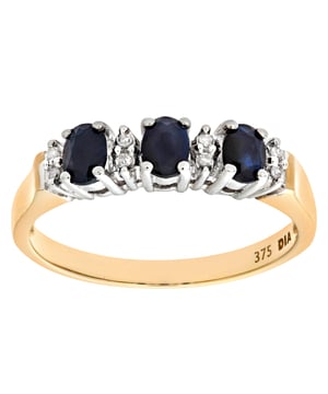 9K (375) geel goud: 1,6 gram; # Diamant: 0,04 ct; # Saffier: 0,86 ct
