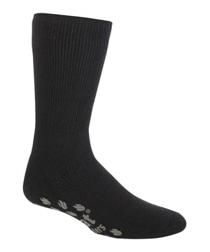 Keep feet warm, protected and supported around the home in a pair of Heat Holders slipper socks for men. They have the normal warm feeling of Heat Holders and also feature have special grips on their soles, to prevent slipping. With a massive tog rating of 2.34 they are the warmest thermal sock for you - 7X warmer than the ordinary cotton sock (0.33 tog)! These seriously chunky and warm slipper socks are made with a specifically developed extra heavy bulk yarn with extreme thermal qualities and moisture wicking abilities. Their long looped thermal pile created with innovative knitting technology produces the unique extra long looped cushion pile to hold in more warm air - increasing the thermal tog rating even more. They also have a super-soft brushed inner which maximises the amount of warm air held to the skin for all-day warmth and comfort. Finally, their non slip grip on the sole of these slipper socks will help you stay safe around the home, preventing slipping.