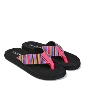 Womens Rocket Dog Adios Aloe Flip Flops in pink multi. - Comfortable and casual thong slide sandal.- Slip-on design.- Soft webbing strap.- Multi-coloured stripe design to strap.- Soft fabric toe post.- Moulded EVA footbed.- Textured outsole.- Rocket Dog branding to front strap and footbed.- Textile upper  Textile and synthetic lining  Synthetic sole.     - Ref: ADIOSAE