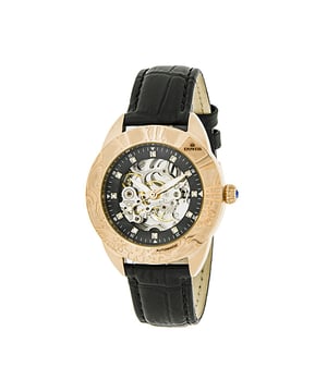 316L Surgical-Quality Stainless Steel Case; Jeweled Automatic Movement; Jewel Bearings: 19 Jewels; 36-Hour Power Reserve; Beats per Hour (BPH): 21600/Hour; Sapphire-Coated Mineral Crystal; Mother-of-Pearl Dial; Skeleton Dial; 12 Crystal Markers on Dial; Observation Caseback to view Movement; Jewel-Tipped Crown; Genuine Leather Crocodile-Embossed Strap; Logo-Engraved Stainless Steel Clasp; Luminous Hands; 38mm Diameter; 10 ATM Water Resistance;