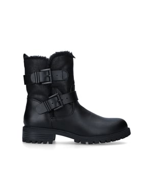 The Snug3 ankle boot features a black exterior with two buckled straps that tie across the ankle. The back of the ankle features the contrast colour KG Kurt Geiger logo printed on ribbed textile with a print stitch detailing.  Concealed zipper on the inner side. This product is registered with The Vegan Society.