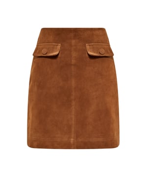 Dieser hoch taillierte, gerade geschnittene Rock endet oberhalb des Knies und strahlt Raffinesse aus. Die glatte Vorderseite und die aufgesetzten Taschen mit Knöpfen verleihen ihm eine elegante Note. Aus weichem Material in Wildlederoptik gefertigt, das eine strukturierte Oberfläche bietet, kombiniert er Struktur und Flexibilität in der Passform. Mit sauberem Saum und verdecktem Verschluss ist dieser Rock perfekt für alle, die einen gepflegten und dennoch vielseitigen Look suchen.  Rock