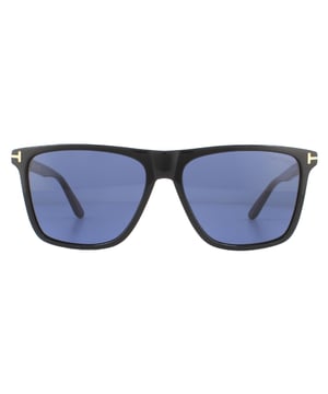 Tom Ford Sunglasses Fletcher FT0832 01V Shiny Black Blue are a straight forward no nonsense style with a strong top line and the iconic T logo stretched around the front ands temples.