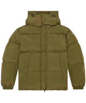 Dieselgroen jack, centrale ritssluiting, voorzakken, effen groene jas. Materiaal: 100% Polyamide, Voering: 100% Polyamide, Vulling: 100% Polyester, Jack met capuchon, Groene jas