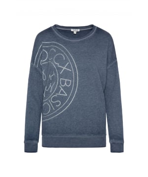Dit sweatshirt voor dames is een tijdloze en makkelijk te stylen basic. Het is gemaakt van zacht, hoogwaardig materiaal dat aangenaam aanvoelt op de huid en zeer comfortabel is om te dragen. De losse pasvorm en afgezakte schouders zorgen voor een casual look. Het heeft een klassieke ronde halslijn met geribde boorden. De mouwen en zoom zijn afgewerkt met geribde boorden. De print op de voorkant is geaccentueerd met glittersteentjes en rondt het effen ontwerp van de trui perfect af.