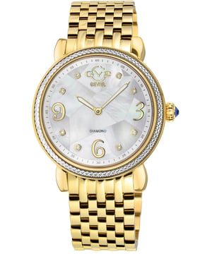 GV2 12612B Damen Ravenna Schweizer Quarz-Diamant-Uhr GV2 Damen Schweizer Diamant-Uhr aus der Ravenna Collection 37mm rund 316L Edelstahl IPYG Diamond Cut Lünette Gehäuse weiß MOP Mosaik Zifferblatt, 8 Diamanten auf dem Zifferblatt Push / Pull Krone, arabische Ziffern und Markierungen IP Gelbgold Armband mit Faltschließe Anti-reflektierende Saphirglas Wasserdicht bis 50 Meter / 5ATM Schweizer Quarzwerk, Ronda 762