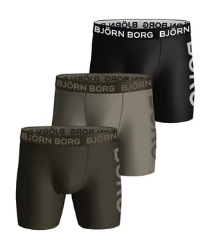 Björn Borg - Men’s 3 Pack Performance BoxersBjörn Borg Men’s Boxers are the perfect solution for your underwear drawer. They have been designed with performance and sport in mind and have a great fit that will keep you comfortable throughout the day.These high performance underwear with the perfect fit are developed for training. They are made from soft stretch quality fabric treated with Hydro Pro functionality that wicks moisture away from the skin to keep you dry. With smooth seams and elastic to avoid chafing, and an iconic signature elastic waistband in soft microfiber for extra comfort. They are made from 90% Recycled Polyester, which keeps them soft and stretchy.The medium leg length makes these Björn Borg boxers ideal for whatever sport or activity you get up to, while still giving you enough coverage to look stylish when you’re training in the gym or on the pitch.These boxers are perfect for both work and play, making them an ideal choice for topping up that underwear drawer. They come in 2 colour options which are: All Black or Black Khaki mix.These boxers are made from: 90% Polyester (Recycled), 10% Elastane and come in 4 sizes: Small, Medium, Large & X-Large. They come in 3 pairs per pack, making them great value for money and they are Machine Washable.Extra Product DetailsBjörn Borg Men’s BoxersSuitable For Sport3 Pairs Per PackPerformance FItGreat Value For MoneyMedium Leg LengthMid Waist RiseSoft Elasticated WaistbandMoisture Wicking2 Colour Options90% Recycled PolyesterAvailable in: S, M, L & XLMachine Washable