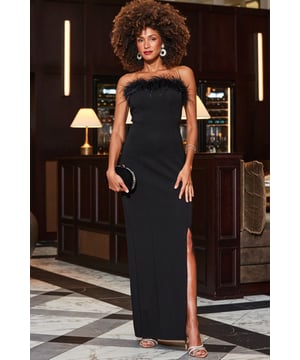 What you call a showstopper
Feather-trimmed Bardot for added fabulousness
The perfect amount of stretch to show off your curves
Split-to-the-thigh hem for added va va voom
Let it stand out with barely-there heels
Up the glam ante with jewelled drop earrings