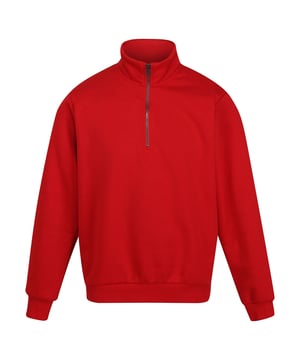 Gewebetechnik: langlebig. Materialzusammensetzung (%): 65% Polyester, 35% Baumwolle. Gewebe: Gebürstete Innenseite. Design: Unifarben. GSM (Gramm pro Quadratmeter): 180. mit kurzem Reißverschluss. Nachhaltigkeit: BCI-zugelassen. Langärmlig. Bündchen: gerippt. Saum: gerippt. Stehkragen.