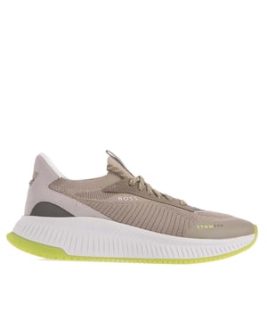 rafted in a combination of materials  including leather trims  these running-style BOSS Menswear trainers strike a distinctive profile. Lightweight ridged outsole. Knitted uppers for enhanced comfort and fit. This product contains at least 60% better raw materials. This product is partly created with recycled polyester. We at HUGO BOSS prefer recycled polyester from pre- and post-consumer textile waste and do our best to phase out polyester from PET bottles.