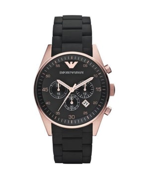 Elegante AR5905 Rose Gold Negro EMPORIO ARMANI RELOJ EAN 4048803941805 con un PVD rosa caja redonda chapado. Este elegante reloj tiene una atractiva esfera negra con fecha y cronógrafo.