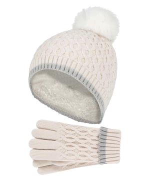 Dress your kids cosy this Winter Season with Heat Holders Ice Palace themed hat and gloves for girls! Toasty kids are happy kids! Make sure your child stays warm for Winter fun in these comfy matching hat and gloves set. This chunky pom pom hat and gloves are knitted in an attractive diamon-like design. They are soft yarn with a ribbed hem and incorporates the latest HeatWeaver® thermal lining, a luxurious, plush fur-like insulating fabric, that maximises the amount of warm air held close to the skin. The specially developed thermal yarn provides high performance insulation against cold with superior moisture breathing abilities. Made from stretchable construction, these hat and gloves set contours around the natural shape of your child's body for a better improved fit, warmth and comfort. Your kids will look and feel stylish whilst keeping warm in these very cute and comfortable pull on beanie hat. The pom pom detail on the top of the hat makes for an adorable Winter look! Designed to keep your child warm during the cold months, these gloves feature a turn over cuff so you can adjust the gloves according to your child's wrist for a cosy fit! They come in 5 colours ranging from Cloud Greym, Buttercream, Dusky Pink, Lavender Frost, Al Blue. These hats and gloves are available in 7-10 years.