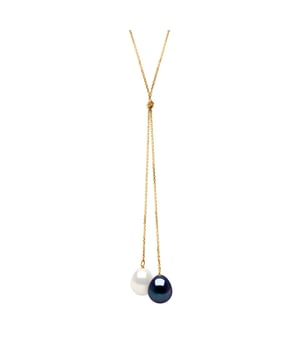 Halskette You & Me 2 echte Süßwasser-Zuchtperlen Birne 9-10 mm – FARBE NATURAL PEARL WHITE + SCHWARZ TAHITIAN STYLE – Kette Forçat Gelbgold 375 – Länge 42 cm – Lieferung mit Echtheitszertifikat und internationaler Garantie – HERGESTELLT IN FRANKREICH -