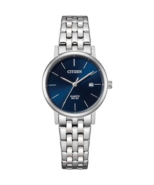 This Citizen  Analogue Watch for Women is the perfect timepiece to wear or to gift. It's Silver 28 mm Round case combined with the comfortable Silver Stainless steel watch band will ensure you enjoy this stunning timepiece without any compromise. Operated by a high quality Quartz movement and water resistant to 5 bars, your watch will keep ticking. This simple watch will go great with any outfit, for any occasion. -The watch has a calendar function: Date High quality 19 cm length and 13 mm width Silver Stainless steel strap with a Fold over with push button clasp Case diameter: 28 mm,case thickness: 7 mm, case colour: Silver and dial colour: Blue