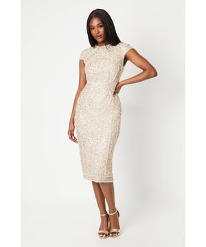 Exquisite hand-stitched embellishments adorn this elegant pencil dress
Sophisticated round neckline complements the cap sleeves
Curve-skimming silhouette flatters the feminine figure
Thigh-high slit adds a touch of allure to the refined design
Fully lined for a smooth, polished finish

Radiate sophistication at your next formal event in this stunning pencil dress from Coast. The intricate hand-stitched embellishments exude a luxurious aesthetic, while the sleek silhouette and thigh-high slit strike the perfect balance between elegance and allure. Pair it with understated jewellery and sleek heels for a refined, head-turning ensemble befitting of weddings, races, or any other special occasion.