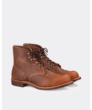 Smart, durable and long-lasting, this boot will be your new friend for life. The Iron Ranger boots were designed with a double leather toe-cap for extra strength for the miners of the Mesabi iron range in Minnesota. Made in the USA.&nbsp;
Leather type: Amber Harness Leather 08111D | Leather care: mink oil&nbsp;
Leather type: Copper Rough &amp; Tough Leather 08085D | Leather care: Leather Conditioner | Foam cleaner
Construction: Goodyear Welt | Sole: Vibram Mini-lug sole
Sizing: We would recommend you drop half to a full size in this shoe