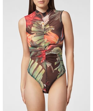 Ayuda a la Primavera a florecer con este body sin mangas de viscosa elástica con estampado floral. Inserciones moteadas en el escote para añadir un toque de singularidad. Cierre de cremallera invisible en el centro de la espalda.