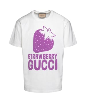 Gucci White Tee, 100% Cotton, Made In Italy, Strawberry Design On Front, This tee is Oversized in length, your regular fit should be perfect for this tee but be aware the length is longer than a typical tee.