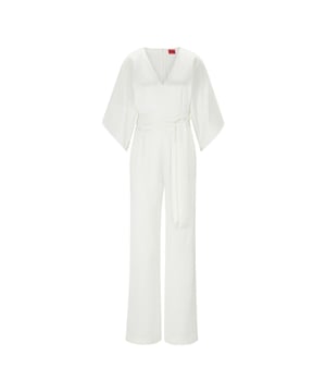 Womens HUGO Kalaisa-1 Jumpsuit in natural.- V-neckline.- Half length sleeves.- Back zipper.- Tie belt at waist.- Wide leg.- Regular fit.- 70% Recycled polyester  30% Polyester.  Dry clean.- Ref: 50490399-102