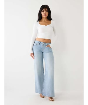 Relax your denim style with the Bobbi Baggy Jean. This relaxed fit women's baggy jean features fading, 3D whiskering, clean hardware, and classic gold stitching. Finished with 1/2" horseshoe detailing along the back pockets.    