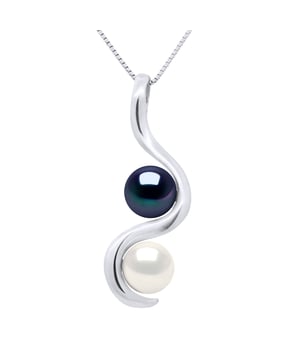 Hanger You & Me - 2 Real gekweekte parels Zoetwater Round 7-8 mm - COLORI NATURAL WHITE + BLACK TAHITI - Kwaliteit AAAA + - Deze hanger wordt geleverd met een ketting 925 duizendste beschikbaar - White Gold 375 duizendste - Garantie 2 jaar - Wordt geleverd in een geval met een certificaat van echtheid en een internationale garantie - Al onze juwelen zijn gemaakt in Frankrijk.