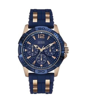 Spezifikation Details Marke Guess Modell W0366G4 Barcode-Nummer 091661447990 Geschlecht Herren Gehäuse-Durchmesser 43mm Gehäuse-Material Edelstahl Gehäusefarbe Rose Gold Zifferblatt Farbe Rose Band-Material Gummi mit Rose Gold-Ton-Edelstahl-Glieder Band Farbe Blau Uhrwerk Quarz (Batterie) Chronograph Ja Wasserdichtigkeit 3 ATM