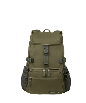 unisex rugzak met gespsluiting. één open binnenzak. twee ritssluitingen aan de voorkant en twee open zijritsen met externe zakken. ontbrekende schouderband.  Handvat van gerecycled polyethyleentereftalaat. een binnencompartiment.  extern materiaal.  Binnenkant van gerecycled polyethyleentereftalaat. Afmetingen: 28x37x15 cm. Modeproduct